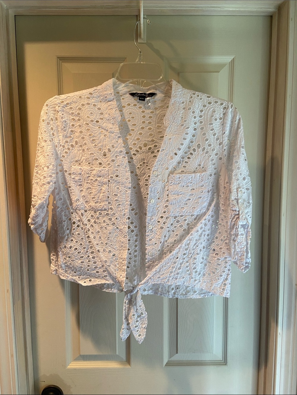 CHARLIE B White Eyelet Button-Down Tie Front Shirt